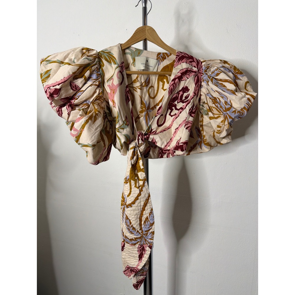 Eugenia Fernandez Tropical Puff Sleeve Wrap Crop Top Pink Mustard XS - Picture 1 of 4